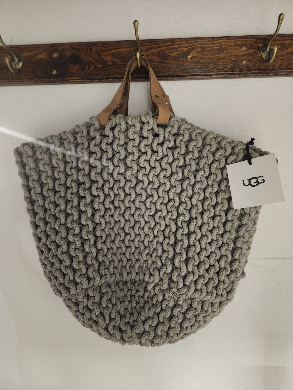 UGG Chunky Knit Tote Bag in Light Gray with Leather Handles